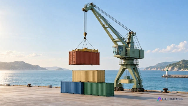 Une grue portuaire et quelques conteneurs unis près de la mer évoquent les échanges maritimes, dans un port fictif sans inscription.
