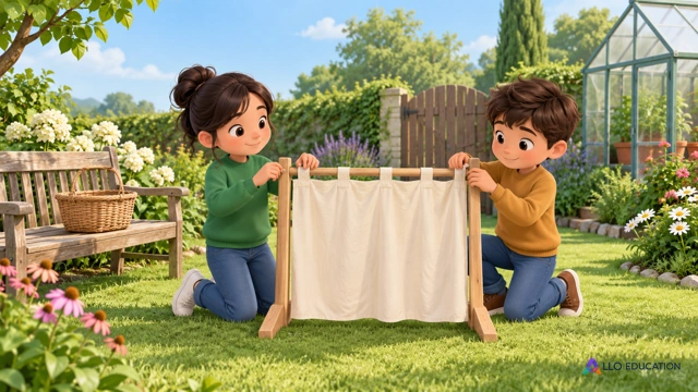 Deux enfants fictifs préparent une petite scène de théâtre dans un jardin, près d’un panier et d’un banc.