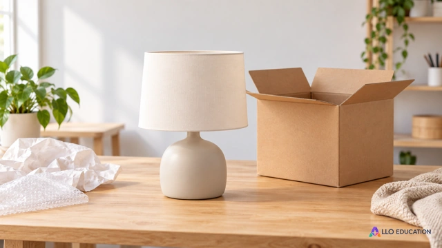 Une lampe de table unie avec son abat-jour et son emballage neutre dans un atelier clair.