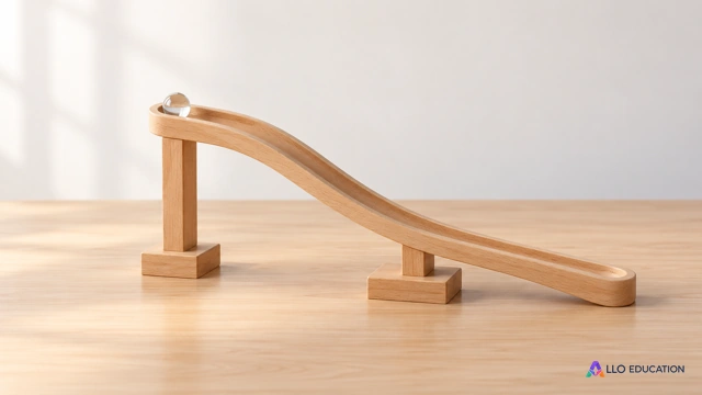 Une rampe courbe continue en bois et une bille de verre à son entrée évoquent un chemin à suivre, sans instruction écrite ni graduation.