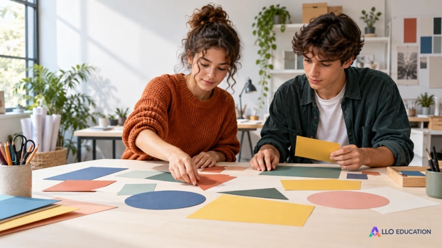 Deux élèves fictifs de design observent et déplacent des découpes de papier coloré sur une table claire, feuilles entièrement vierges ; aucune mesure ni figure mathématique précise