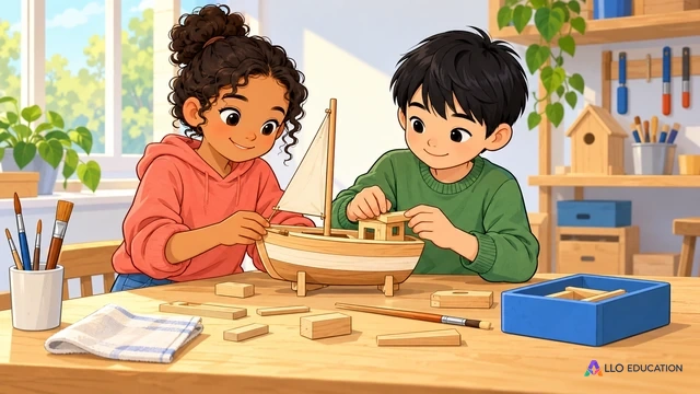 Samira et Tao, deux enfants fictifs, fabriquent une maquette de bateau dans un atelier clair.