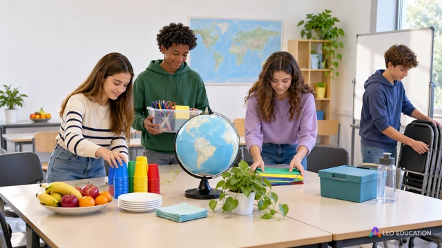 Groupes fictifs préparant un accueil et du matériel collectif, globe muet discret, aucune inscription.