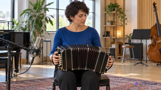 Dans un atelier musical contemporain lumineux, une musicienne adulte fictive aux cheveux courts, haut bleu uni, assise et tenant correctement un petit bandonéon neutre sur ses geno