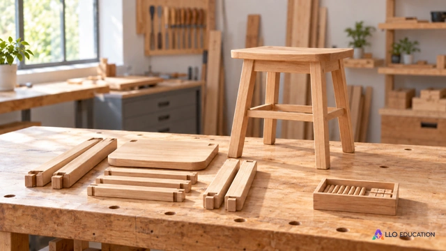 Une pièce de bois assemblée et ses éléments de fabrication dans un atelier.