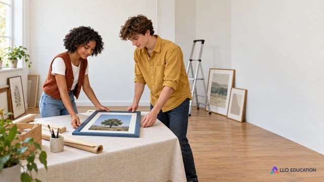 Inès et Malik, deux adolescents fictifs, préparent une exposition et placent sur une table un cadre bleu contenant une photographie d’arbre.