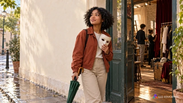 Mila arrive près d’un atelier de théâtre avec un masque de carton et un parapluie fermé.