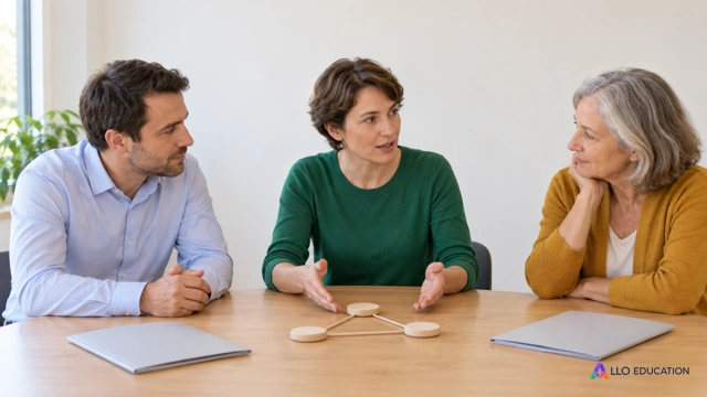 Trois adultes fictifs discutent autour d’une table claire ; une personne centrale relie des jetons de bois unis à des chemises sans inscription.