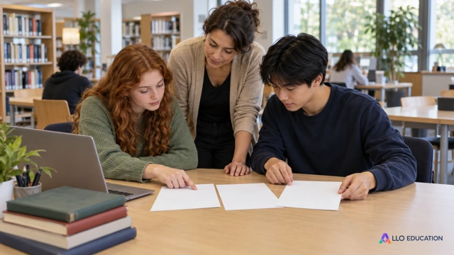 Deux lycéens fictifs et une enseignante examinent des feuilles blanches dans une bibliothèque lumineuse, sans statistique affichée ni marque commerciale.