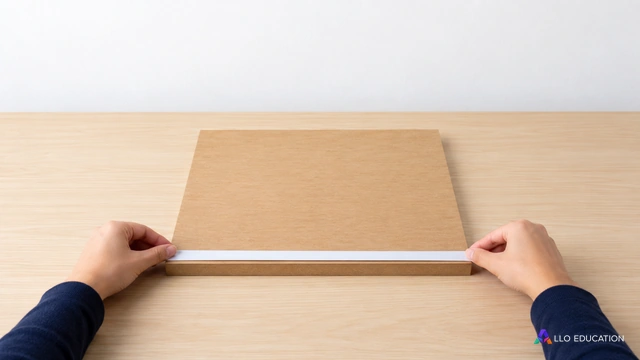 Couverture muette : un panneau carré uni et un ruban de papier non gradué montrent le geste de retrouver un côté, dans un atelier clair. Aucun chiffre, aucune formule, aucun.
