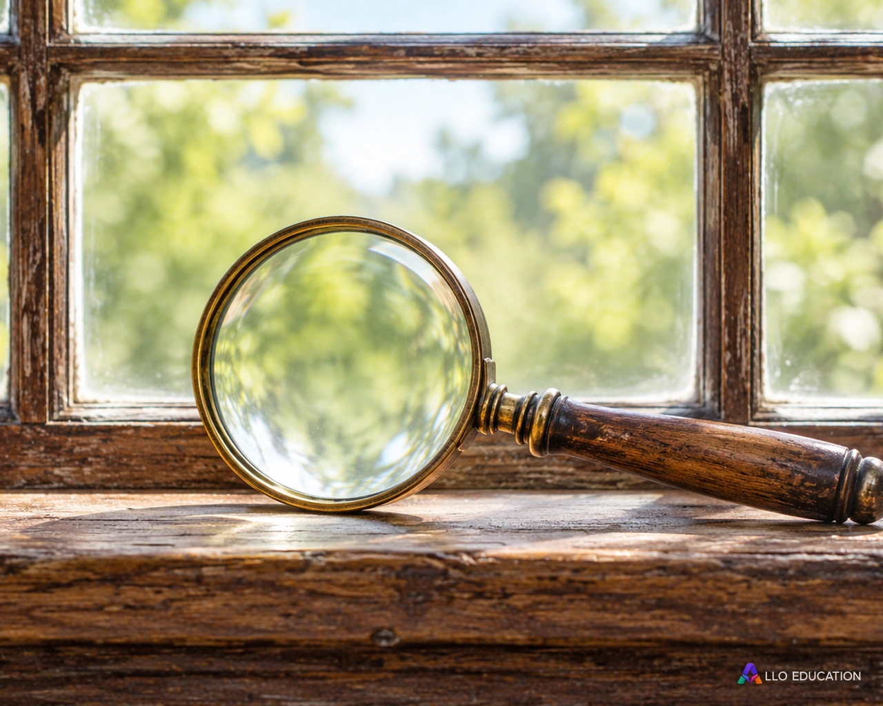 Une loupe devant une fenêtre à carreaux annonce l’observation du regard narratif sur un intérieur.